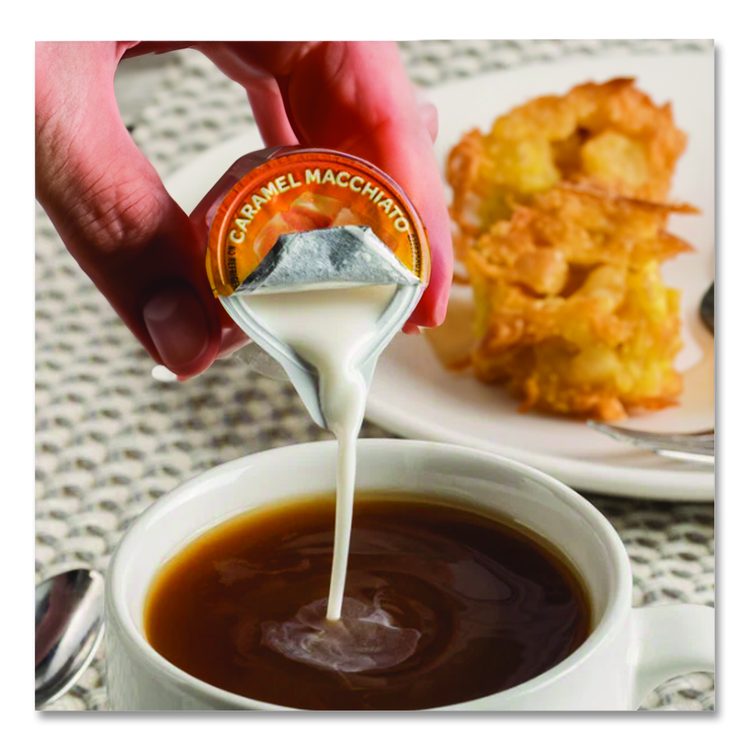 Flavored Liquid Non-Dairy Coffee Creamer, Caramel Macchiato, 0.5 oz Mini Cups, 24/Box