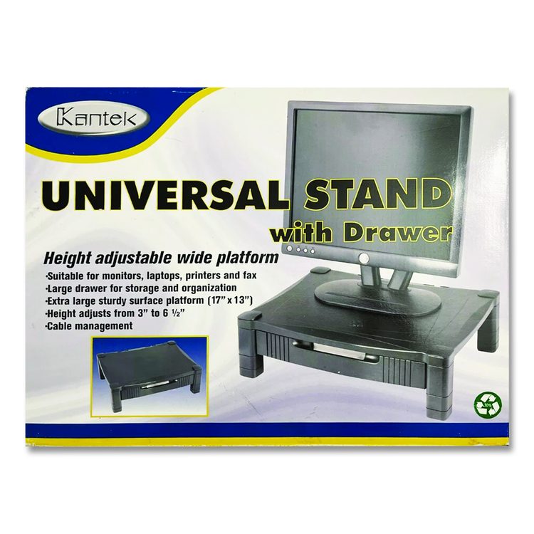 Monitor Stand with Drawer, 17" x 13.25" x 3" to 6.5", Black, Supports 50 lbs
