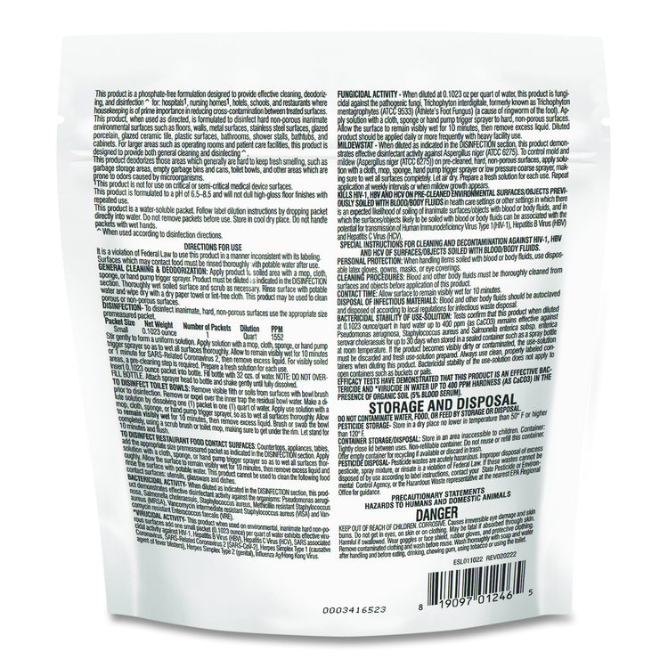 Disinfectant Cleaner, Marine Scent, 2.9 g Packets, 12 Packets/Bag with 1 qt Spray Bottle