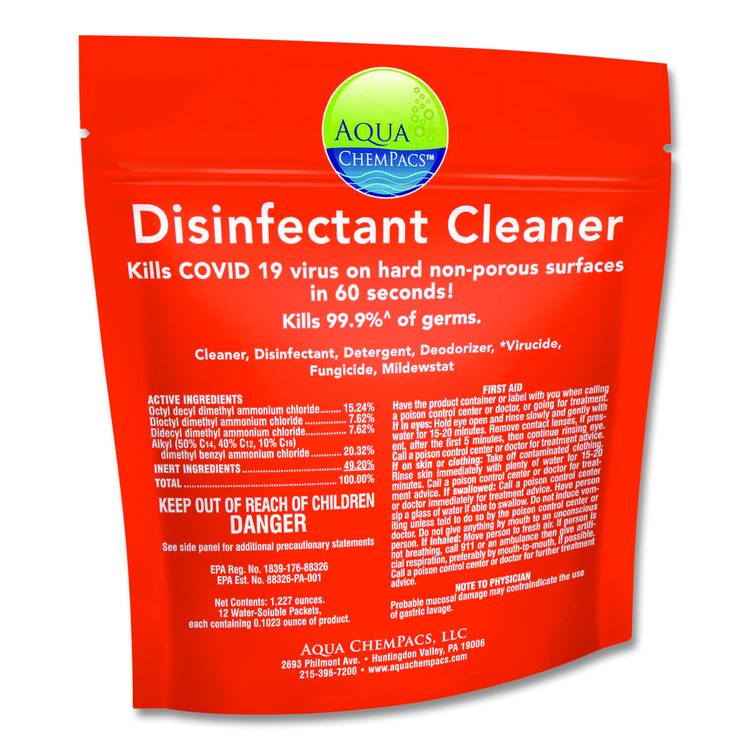 Disinfectant Cleaner, Marine Scent, 2.9 g Packets, 12 Packets/Bag with 1 qt Spray Bottle