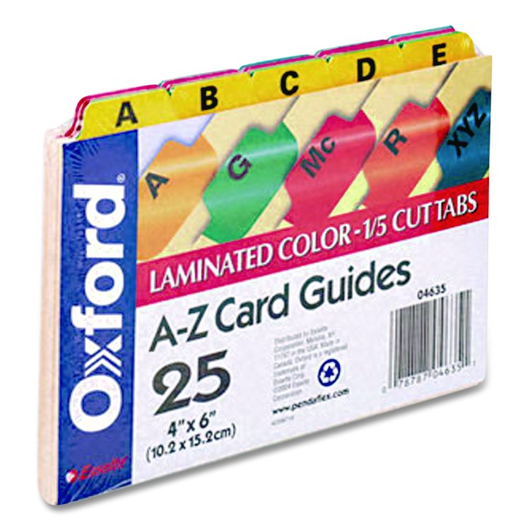 Manila Index Card Guides with Laminated Tabs, 1/5-Cut Top Tab, A to Z, 4 x 6, Manila, 25/Set