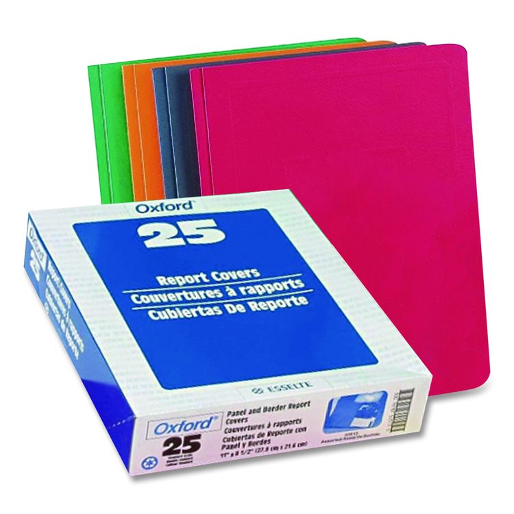 Title Panel and Border Front Report Cover, Three-Prong Fastener, 0.5" Capacity, 8.5 x 11, Assorted/Assorted, 25/Box