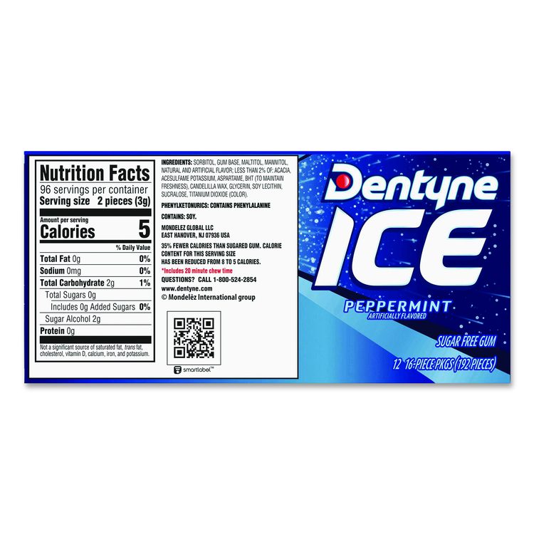 Sugarless Gum, Peppermint Flavor, 16 Pieces/Pack, 12 Packs/Carton