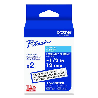 TZe Standard Adhesive Laminated Labeling Tapes, 0.47" x 26.2 ft, Black on Clear, 2/Pack