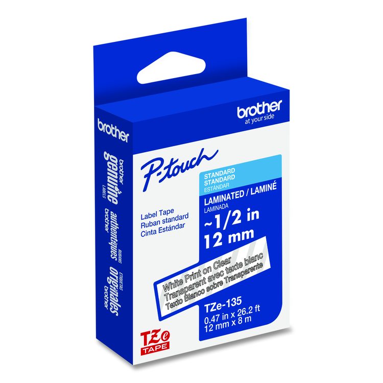TZe Standard Adhesive Laminated Labeling Tape, 0.47" x 26.2 ft, White on Clear