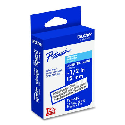 TZe Standard Adhesive Laminated Labeling Tape, 0.47" x 26.2 ft, White on Clear