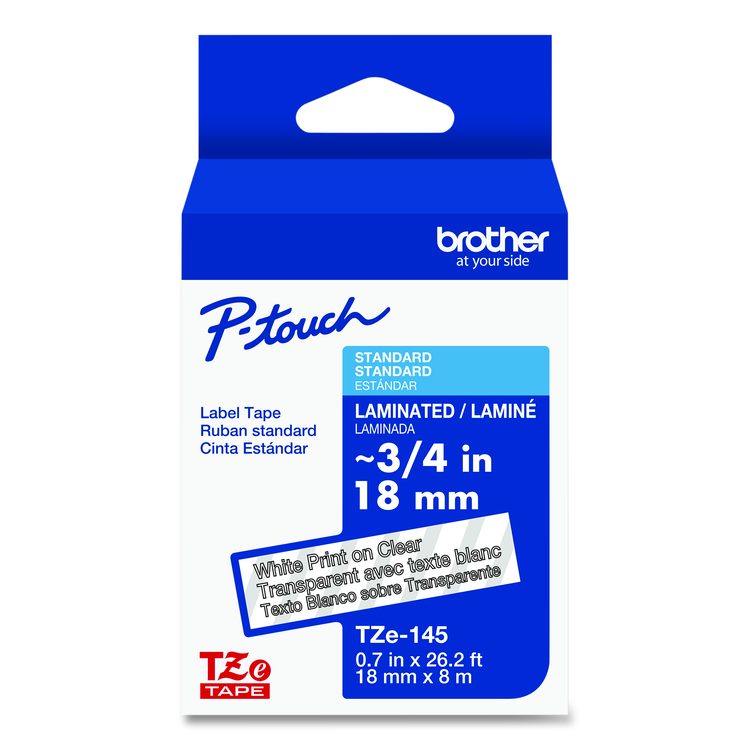 TZe Standard Adhesive Laminated Labeling Tape, 0.7" x 26.2 ft, White on Clear