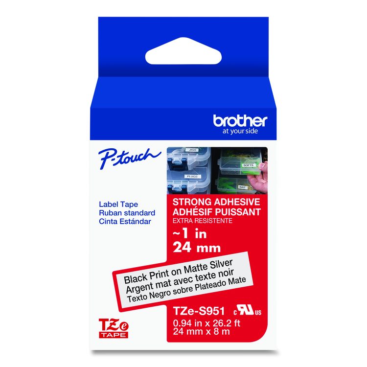 TZ Extra-Strength Adhesive Laminated Labeling Tape, 0.94" x 26.2 ft, Black on Matte Silver