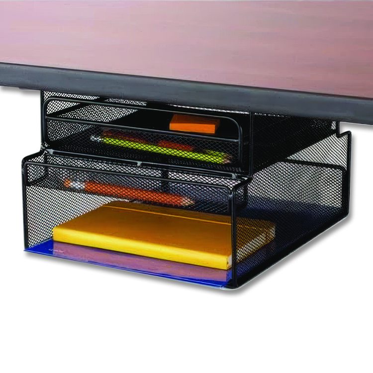 Onyx Hanging Organizer with Drawer, Under Desk Mount, 3 Compartments, Steel Mesh, 12.33 x 10 x 7.25, Black