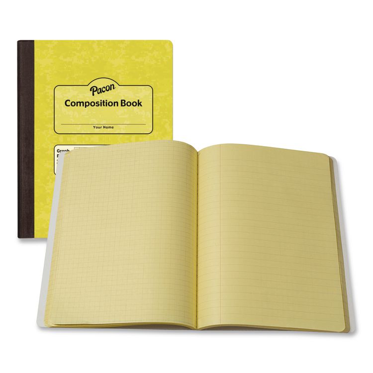 Dual Ruled Composition Book, Left: Quad Rule (4 sq/in), Right: Wide/Legal Rule (3/8"), Yellow Cover, (100) 9.75 x 7.5 Sheets