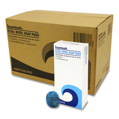 Steel Wool Soap Pads, 3 x 2.5, Blue, 15 Pads/Box, 12 Boxes/Carton