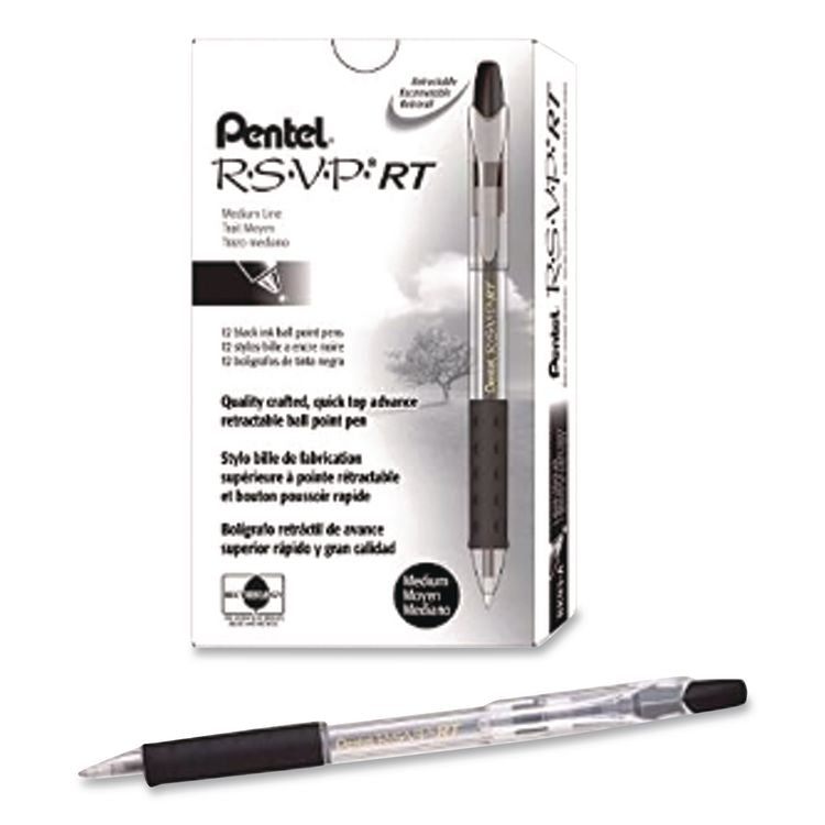 R.S.V.P. RT Ballpoint Pen, Retractable, Medium 1 mm, Black Ink, Clear Barrel, Dozen