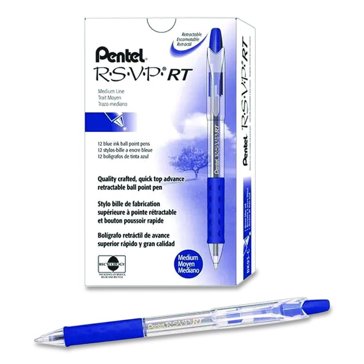R.S.V.P. RT Ballpoint Pen, Retractable, Medium 1 mm, Blue Ink, Clear Barrel, Dozen
