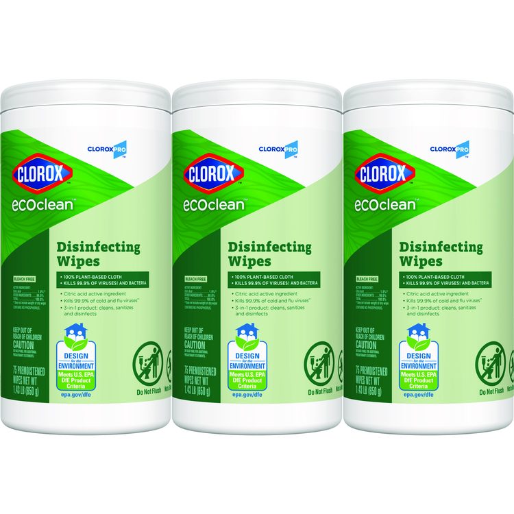CloroxPro EcoClean Disinfecting Wipes, 1-Ply, 7 x 8, Unscented, White, 75/Tub, 3 Tubs/Carton