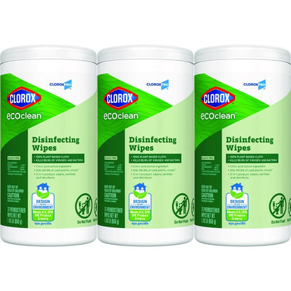 CloroxPro EcoClean Disinfecting Wipes, 1-Ply, 7 x 8, Unscented, White, 75/Tub, 3 Tubs/Carton