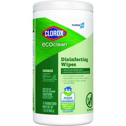 CloroxPro EcoClean Disinfecting Wipes, 1-Ply, 7 x 8, Unscented, White, 75/Tub, 3 Tubs/Carton