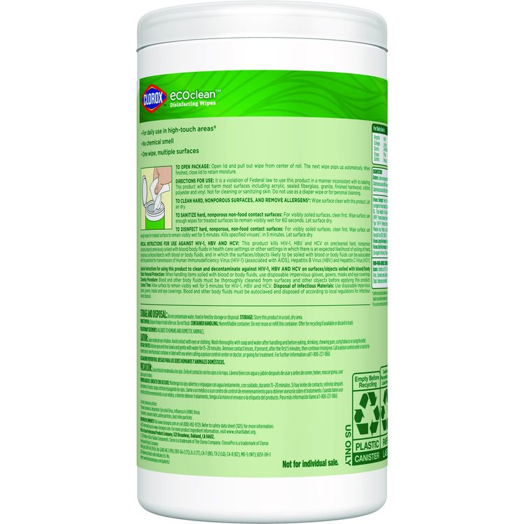 CloroxPro EcoClean Disinfecting Wipes, 1-Ply, 7 x 8, Unscented, White, 75/Tub, 3 Tubs/Carton