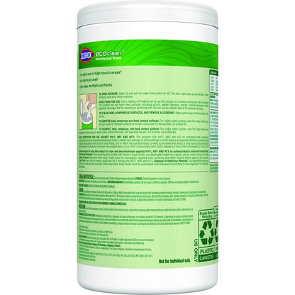 CloroxPro EcoClean Disinfecting Wipes, 1-Ply, 7 x 8, Unscented, White, 75/Tub, 3 Tubs/Carton
