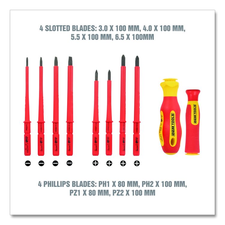 Insulated 10-Piece Interchangeable Bit Screwdriver Set, Metric Phillips and Slotted Blade Bits, Orange/Yellow Handle