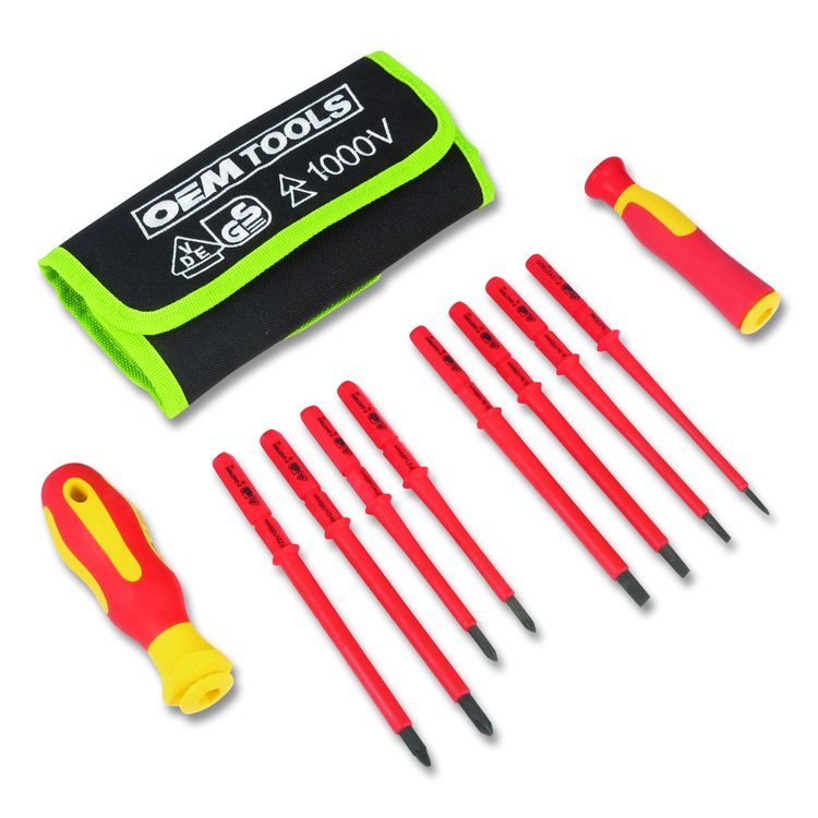 Insulated 10-Piece Interchangeable Bit Screwdriver Set, Metric Phillips and Slotted Blade Bits, Orange/Yellow Handle