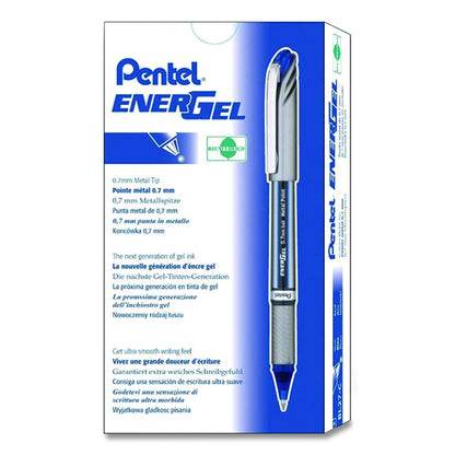 EnerGel NV Gel Pen, Stick, Medium 0.7 mm, Blue Ink, Gray/Black/Blue Barrel, Dozen
