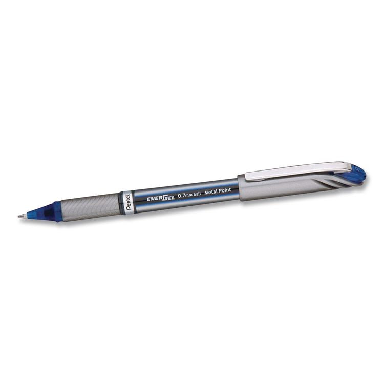 EnerGel NV Gel Pen, Stick, Medium 0.7 mm, Blue Ink, Gray/Black/Blue Barrel, Dozen