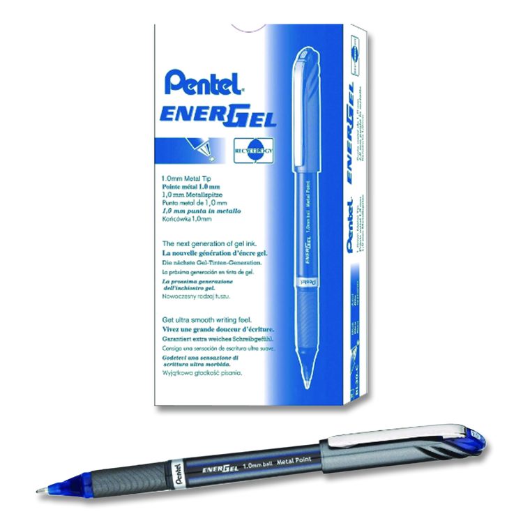 EnerGel NV Gel Pen, Stick, Bold 1 mm, Blue Ink, Gray/Blue Barrel, Dozen