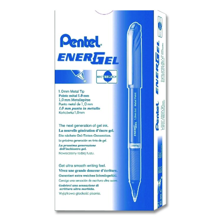 EnerGel NV Gel Pen, Stick, Bold 1 mm, Blue Ink, Gray/Blue Barrel, Dozen