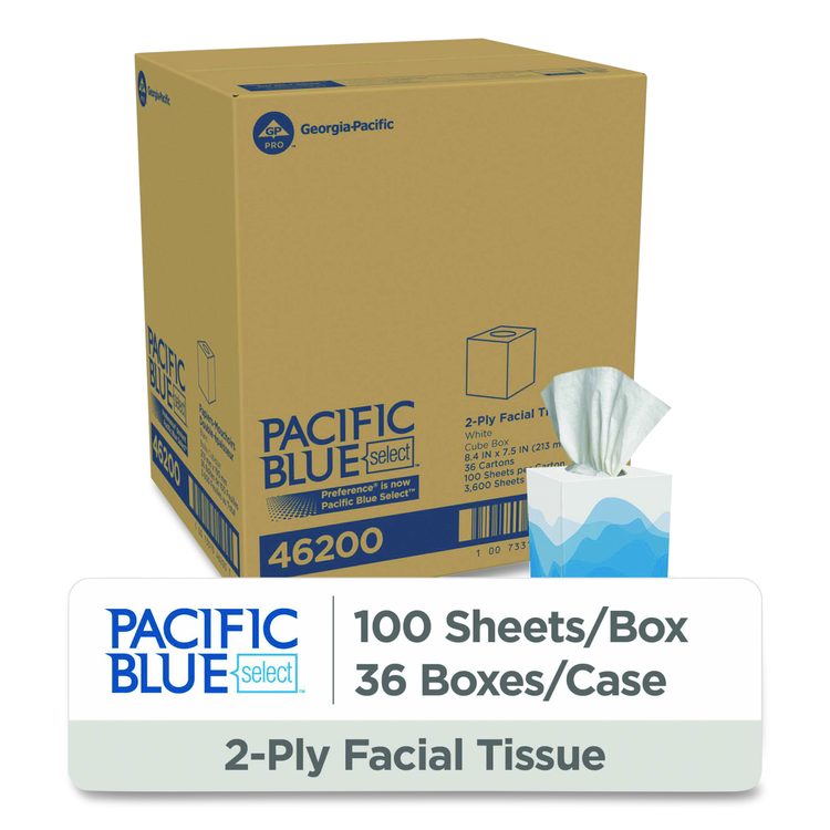 Pacific Blue Select Cube Box Facial Tissue, 2-Ply, White, 100 Sheets/Box, 36 Boxes/Carton