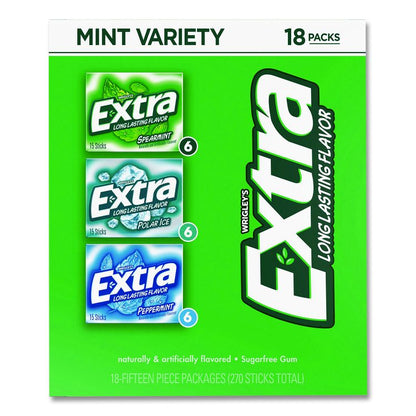 Extra Mint Variety Sugar-Free Gum, Peppermint/Polar Ice/Spearmint, 15 Sticks/Pack, 18 Packs/Carton