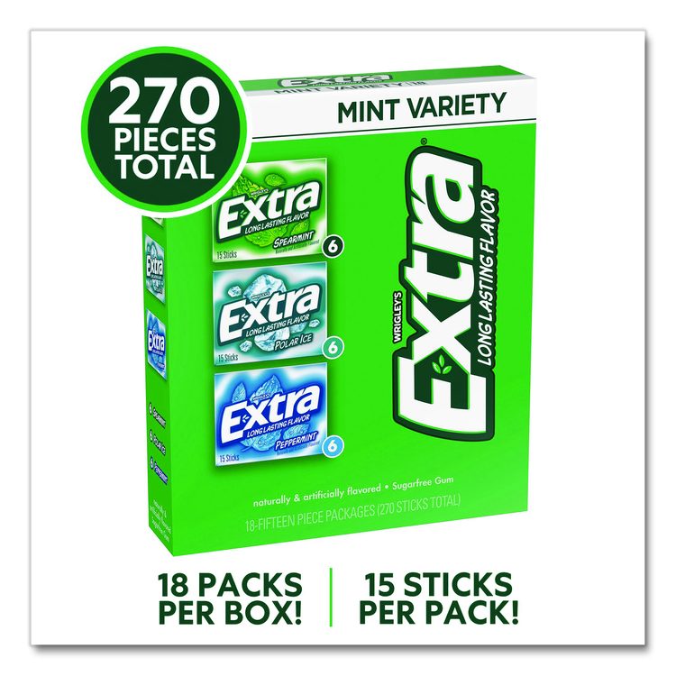 Extra Mint Variety Sugar-Free Gum, Peppermint/Polar Ice/Spearmint, 15 Sticks/Pack, 18 Packs/Carton