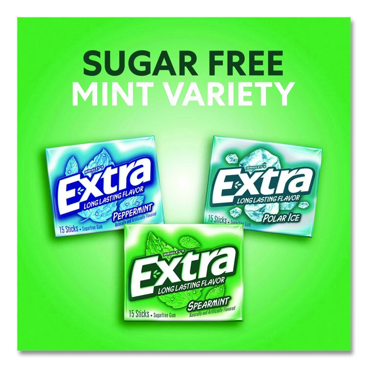 Extra Mint Variety Sugar-Free Gum, Peppermint/Polar Ice/Spearmint, 15 Sticks/Pack, 18 Packs/Carton