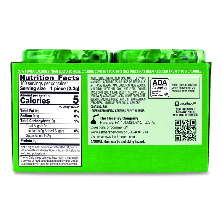 Ice Cubes Spearmint Sugar-Free Gum, Spearmint, 40 Cubes/Bottle, 4 Bottles/Carton
