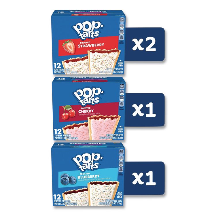 Pop Tarts, Assorted Flavors: Strawberry, Blueberry Cherry, 5 lb 1.2 oz Box, 48 Pastries/Carton