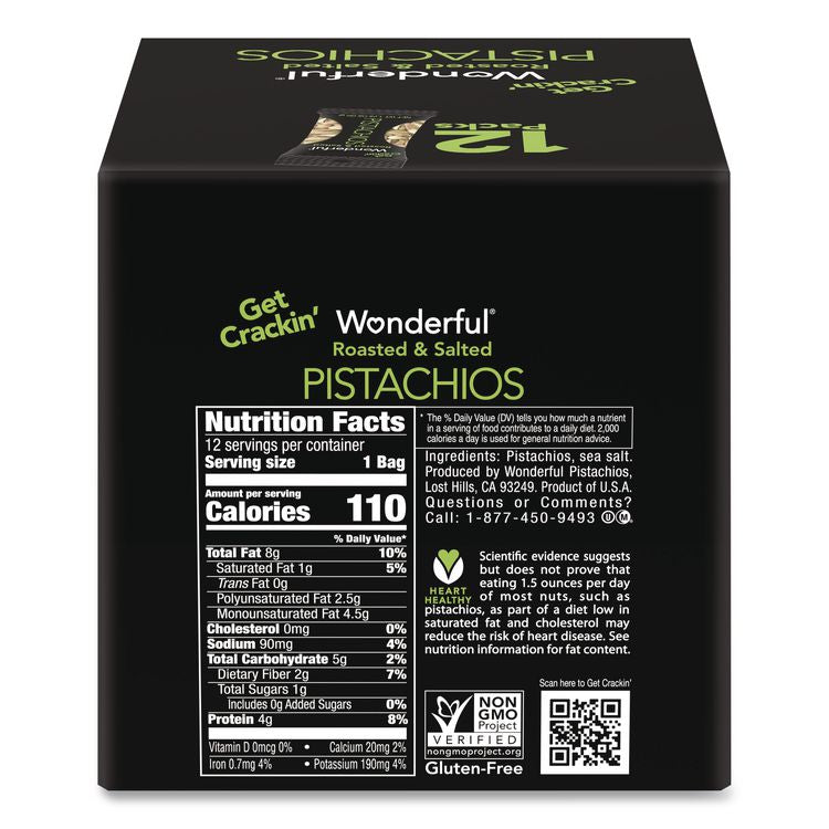 Wonderful Pistachios In Shell Roasted and Salted, 1.5 oz Bag, 12 Bags/Box