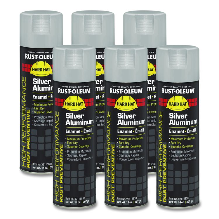 Hard Hat High Performance V2100 System Rust Preventive Enamel Spray Paint, Gloss Silver Aluminum, 15 oz Aerosol Can, 6/Carton