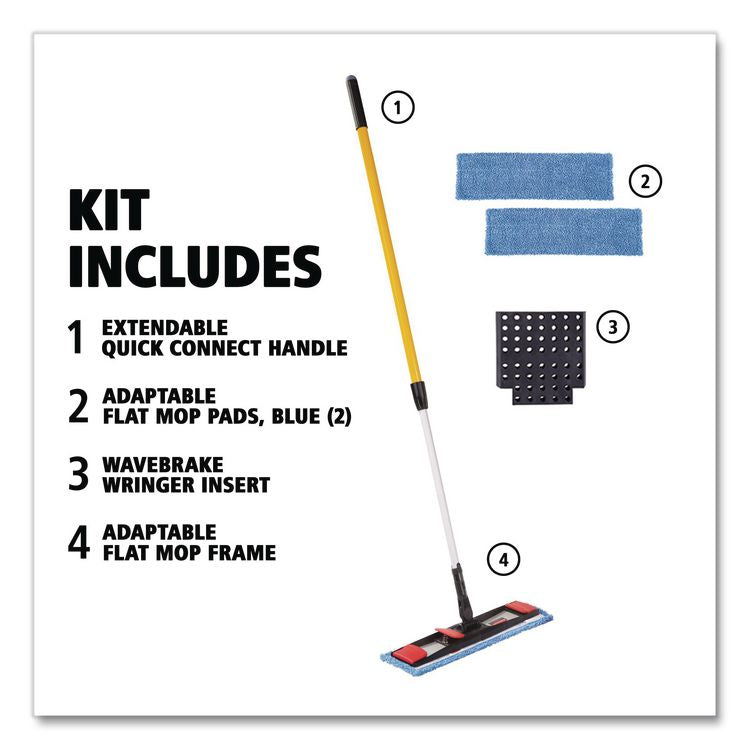 Adaptable Flat Mop Kit, 19.5 x 5.5 Blue Microfiber Head, 48" to 72" Yellow Aluminum Handle