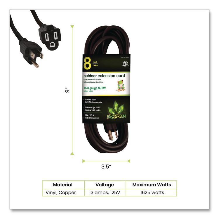 16 AWG Outdoor Extension Cord, 8 ft, 13 A, Black
