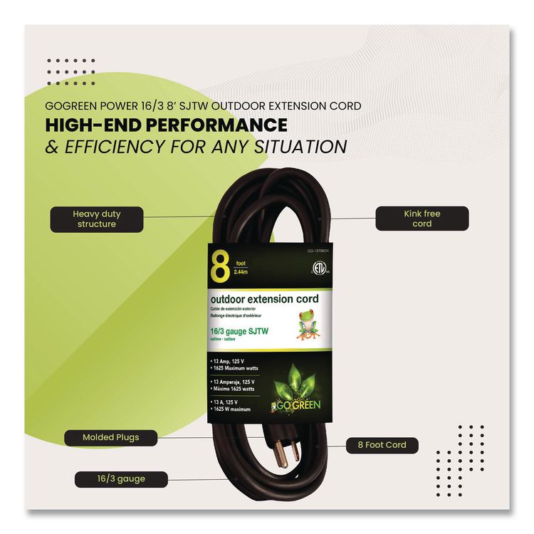16 AWG Outdoor Extension Cord, 8 ft, 13 A, Black
