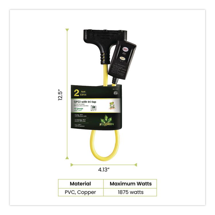 Portable Tri-Tap with GFCI, 3 Outlets, 2 ft Cord, Yellow
