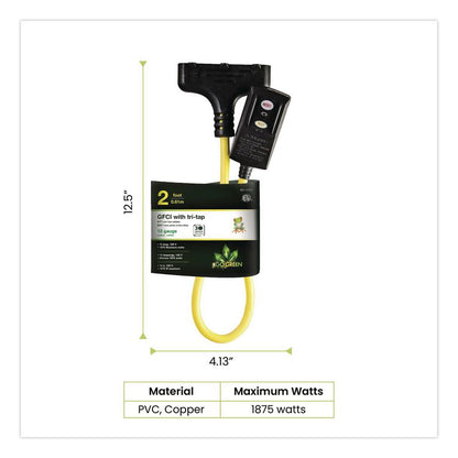 Portable Tri-Tap with GFCI, 3 Outlets, 2 ft Cord, Yellow