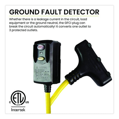 Portable Tri-Tap with GFCI, 3 Outlets, 2 ft Cord, Yellow