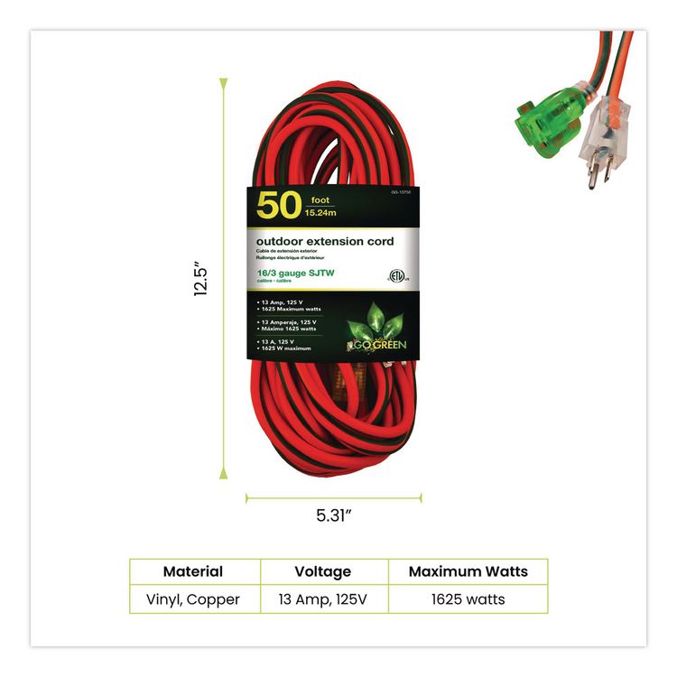 16 AWG Outdoor Extension Cord, 50 ft, 13 A, Orange/Black