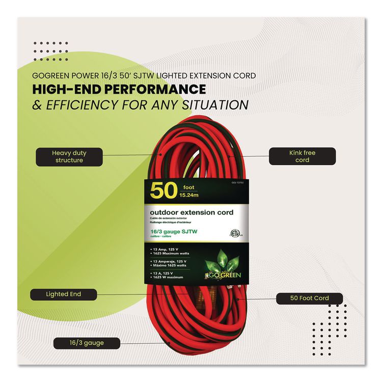 16 AWG Outdoor Extension Cord, 50 ft, 13 A, Orange/Black