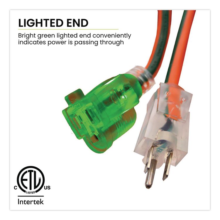 14 AWG Lighted End Heavy-Duty Extension Cord, 100 ft, 13 A, Orange/Black