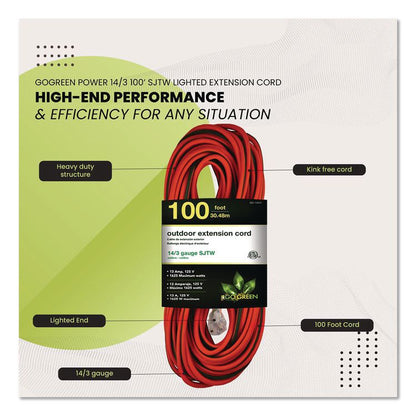 14 AWG Lighted End Heavy-Duty Extension Cord, 100 ft, 13 A, Orange/Black