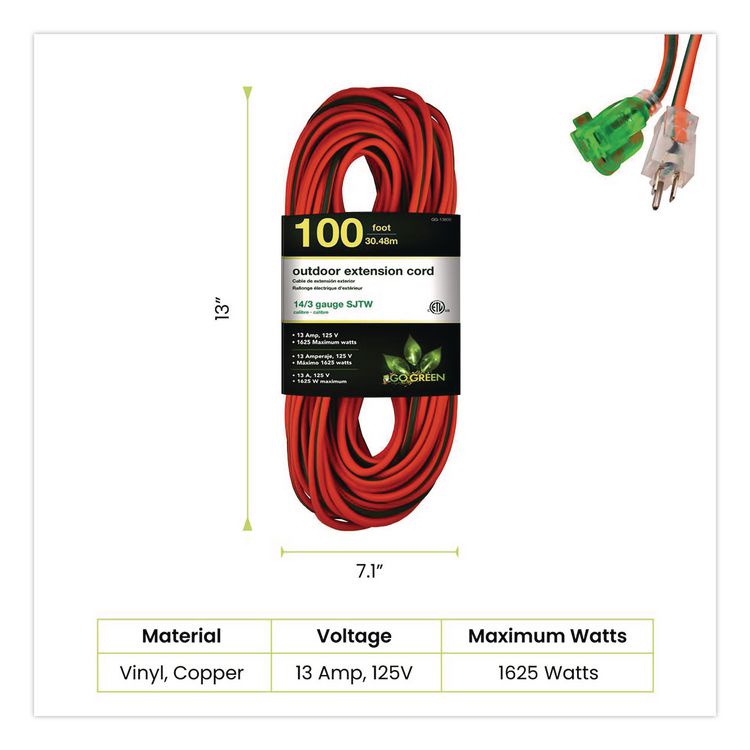 14 AWG Lighted End Heavy-Duty Extension Cord, 100 ft, 13 A, Orange/Black