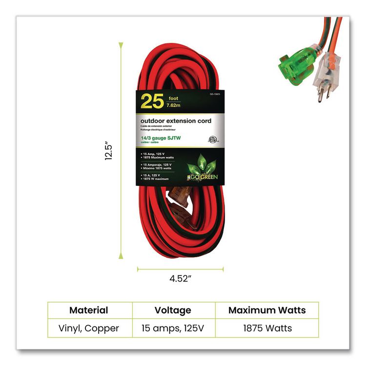14 AWG Lighted End Heavy-Duty Extension Cord, 25 ft, 15 A, Orange/Black