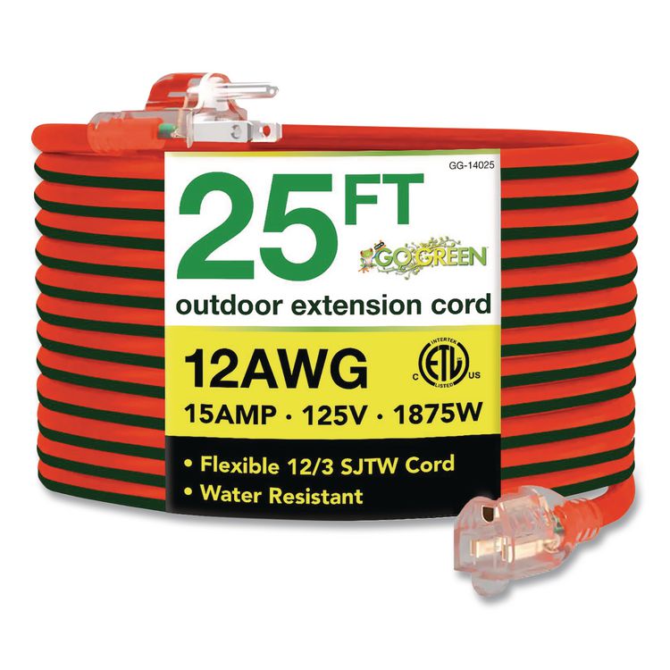 12 AWG Lighted End Heavy-Duty Extension Cord, 25 ft, 15 A, Orange/Black