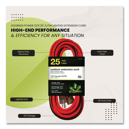 12 AWG Lighted End Heavy-Duty Extension Cord, 25 ft, 15 A, Orange/Black